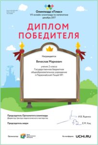 Диплом победителя Олимпиада Плюс Вячеслав Маркевич 2017